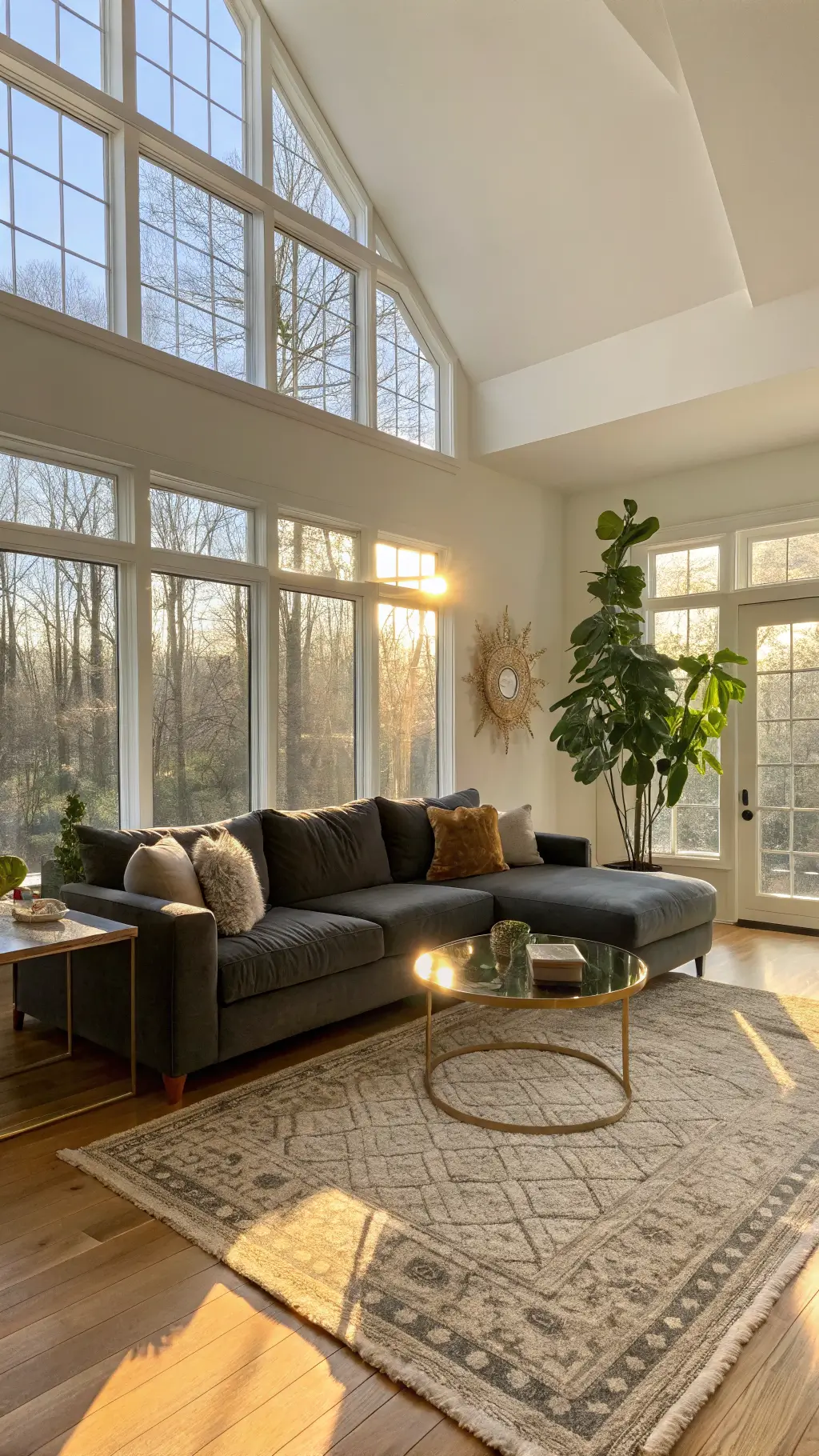 Spacious living room with golden hour sunlight through floor-to-ceiling windows. A dark grey sectional sits at a 45-degree angle on warm oak floors, accented by an emerald pillow and knit throw. A brass-framed glass coffee table rests on a cream Moroccan rug. White-washed walls and a fiddle leaf fig complete the cozy, elegant space.