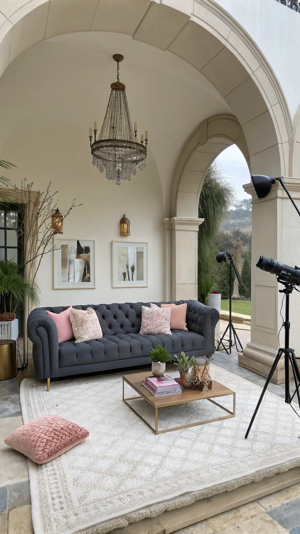 Modern 15x18ft living space with architectural archways, dark grey tufted sofa on ivory wool rug, brass floor lamps, blush pink cushions, abstract art, crystal pendant casting reflections, marble side tables, and copper accessories, captured in mid-morning light with a wide-angle perspective.