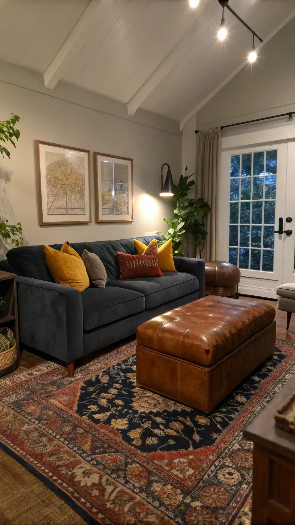 Intimate 12x14ft living room at dusk with moody lighting. A dark grey velvet sofa sits against pale greige walls, adorned with navy and mustard accent pillows. A vintage Persian rug anchors the space, complemented by a weathered leather ottoman. Trailing pothos and contemporary ceramics add organic touches. The low-angle shot emphasizes the cozy, shadowed ambiance.