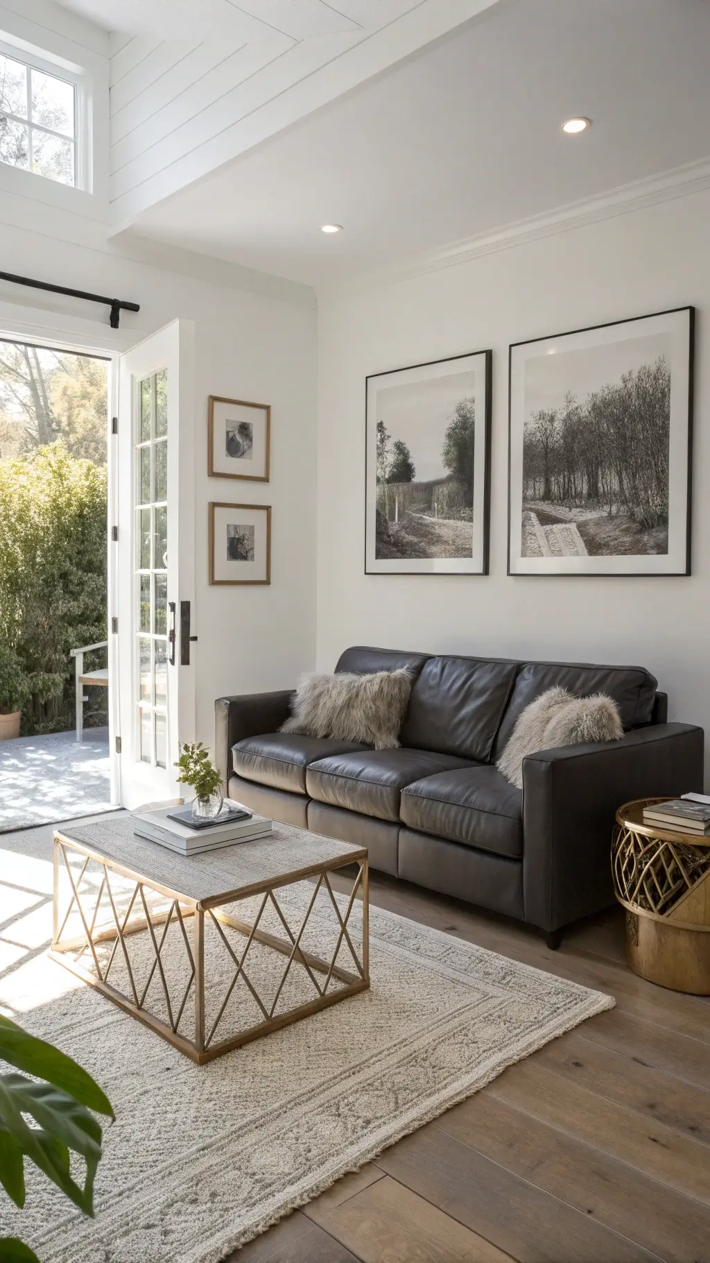 Sunlit contemporary 18x20ft living space with a dark grey leather sofa centered in the room. Minimalist white walls display large black and white photography. A geometric brass coffee table reflects natural light. Scandinavian-inspired decor includes sheepskin throws and pale wood accents. The image is shot from the doorway, capturing the full depth of the room with high contrast and sharp details.