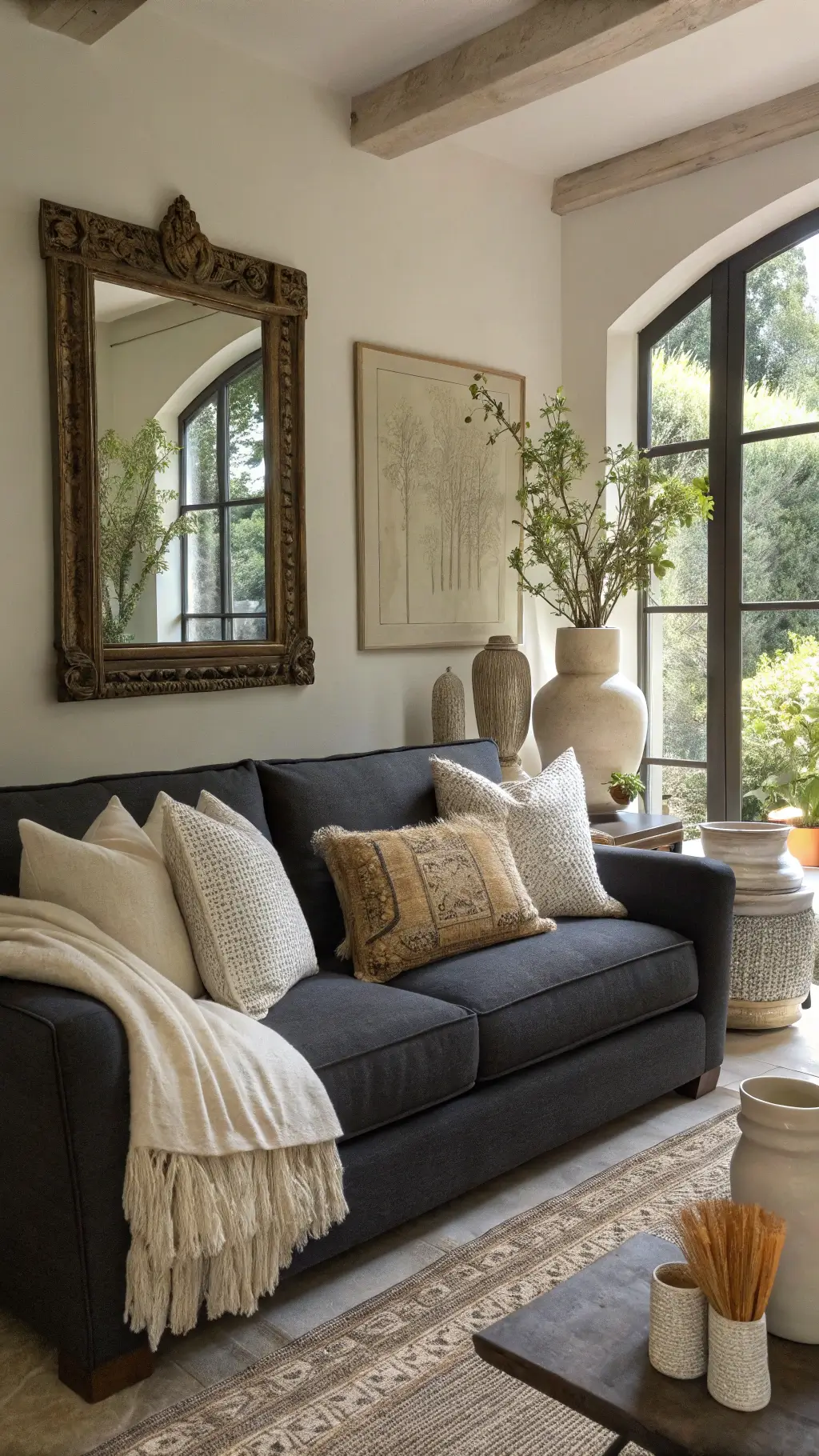 Transitional 16x16ft living area in soft afternoon light with a dark grey linen sofa, cream bouclé pillows, and a cashmere throw. An aged brass mirror above reflects garden views. Sculptural ceramic vases and artisanal objects add visual interest. Shot at gentle elevation, capturing spatial harmony.