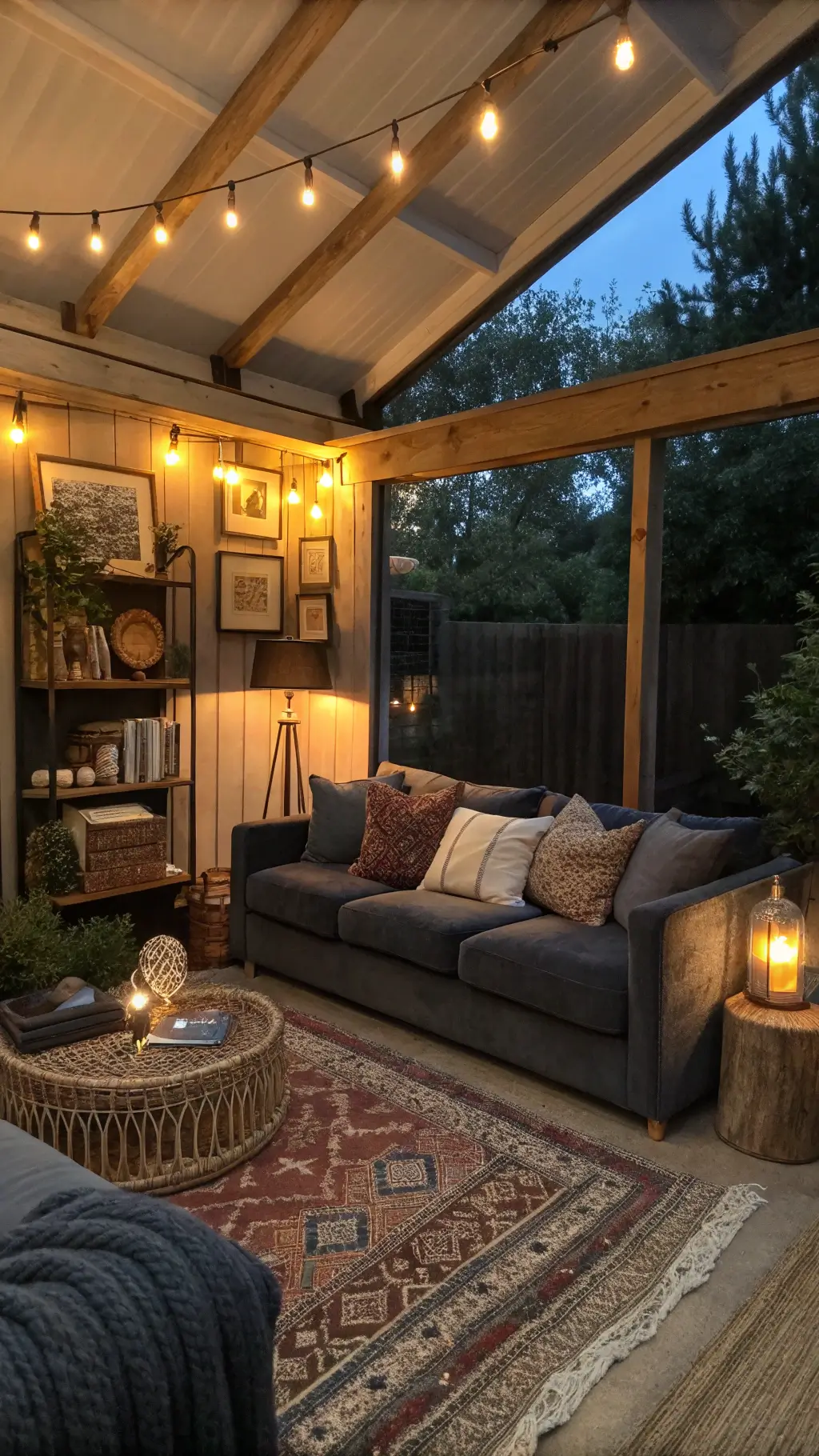 Cozy 14x16ft room at twilight with a dark grey fabric sofa, layered lighting from vintage sconces and mercury glass lamps. Velvet pillows, woven throws, and a jute rug add rich textures. Styled built-ins display curated objects and art books. Warm, atmospheric setting captured from the corner, highlighting an intimate seating arrangement.
