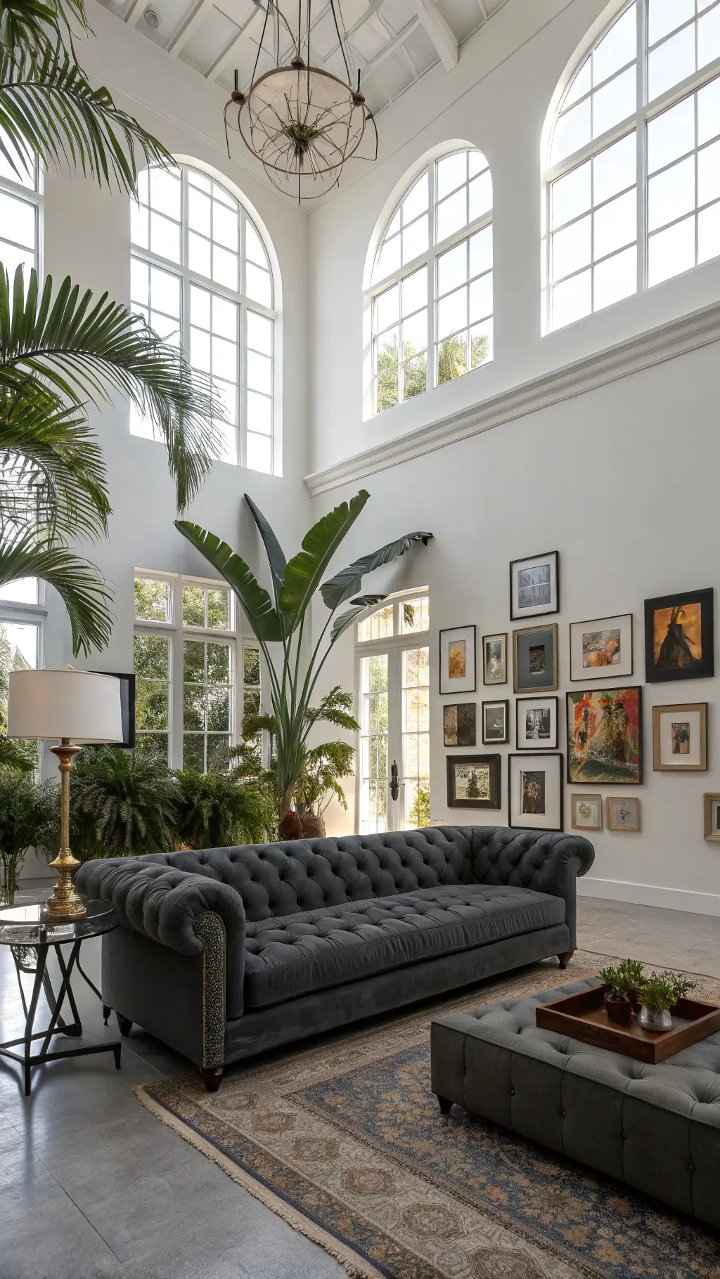Airy 22x24ft great room with dark grey chesterfield sofa, double-height windows, mixed metallic accents, eclectic gallery wall, and large tropical plants, captured from mezzanine level.