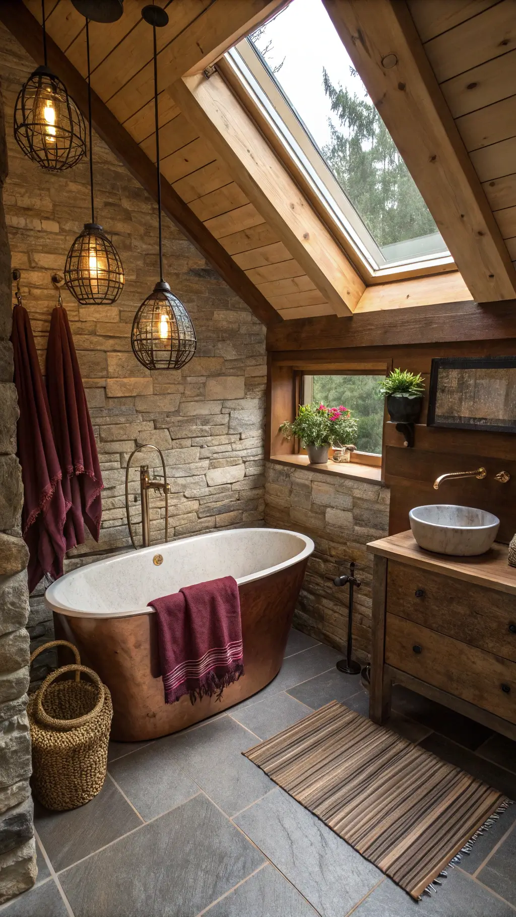 Rustic-luxe cabin bathroom with a freestanding copper soaking tub against a stone accent wall. Skylight casts diffused natural light. Floating vanity in reclaimed barn wood with a vessel sink, aged brass pendant lights, and deep burgundy Turkish towels. Natural slate flooring and a woven bamboo Roman shade add texture. Cozy, spa-like ambiance.