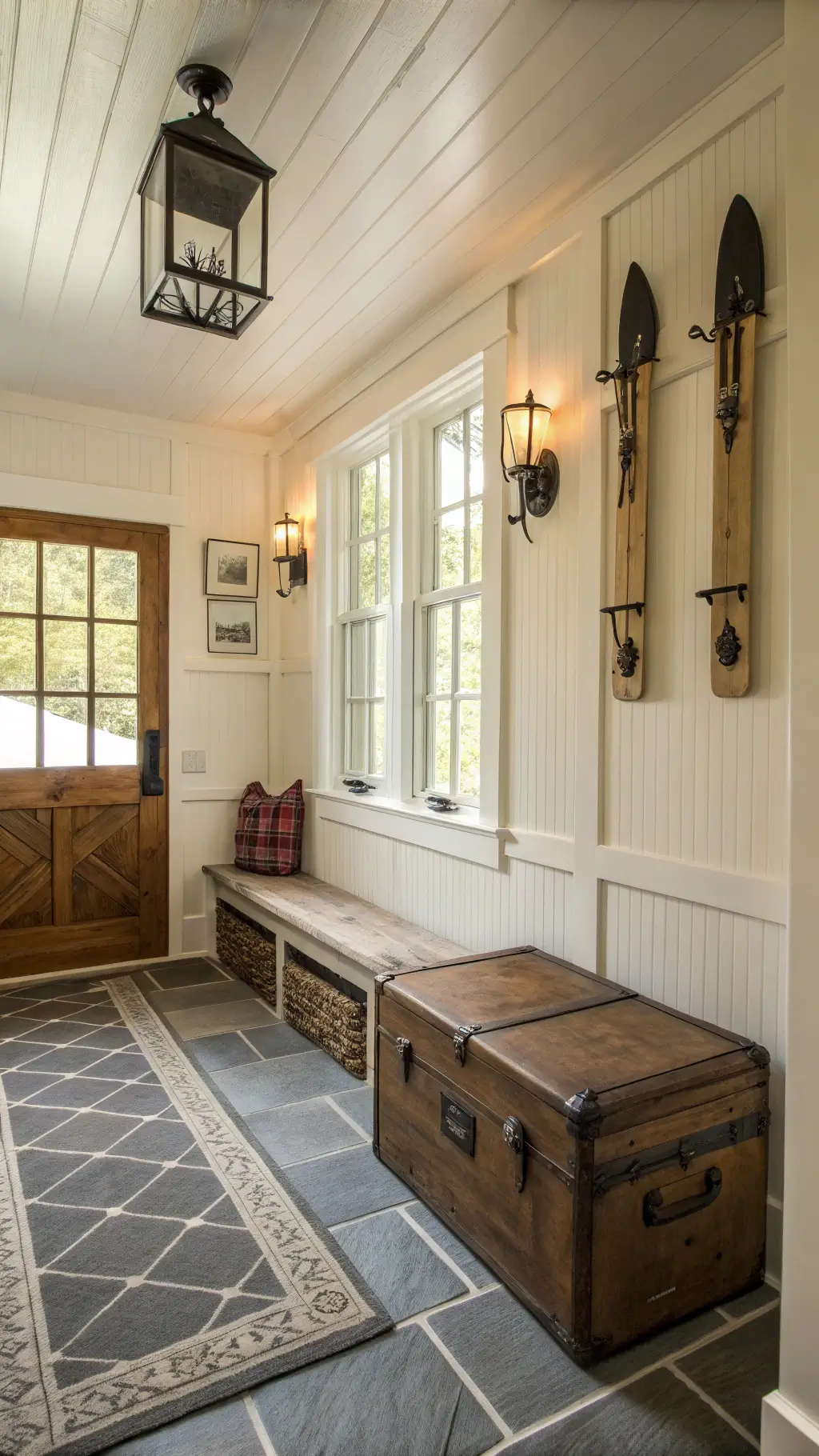 Cozy cabin entryway with warm white board and batten walls, a built-in bench with steel hooks, and vintage ski decor. Slate tile flooring with a geometric wool runner leads to an antique trunk repurposed for storage. Industrial oil-rubbed bronze sconces cast soft light, while natural light filters in from adjacent windows.