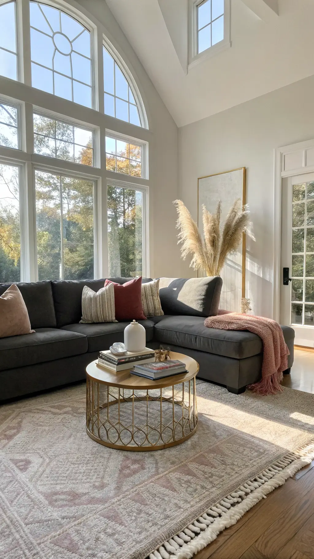 A spacious, sunlit living room with a charcoal gray sectional sofa bathed in warm late afternoon light. A round brass coffee table sits atop a plush cream Moroccan rug, adorned with design books and a white ceramic vase with pampas grass. Blush pink velvet pillows and a chunky knit ivory throw add softness, while golden hour light streams through large west-facing windows.