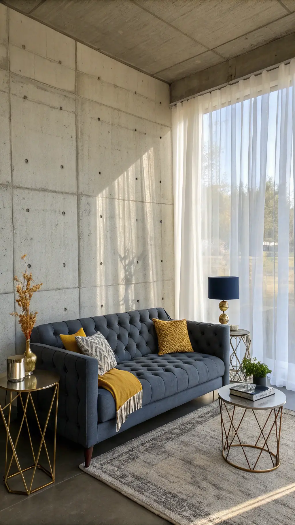 Modern living space with concrete accent wall, gray tufted sofa, metallic side tables, geometric lamps, navy and mustard accents, and soft morning light.