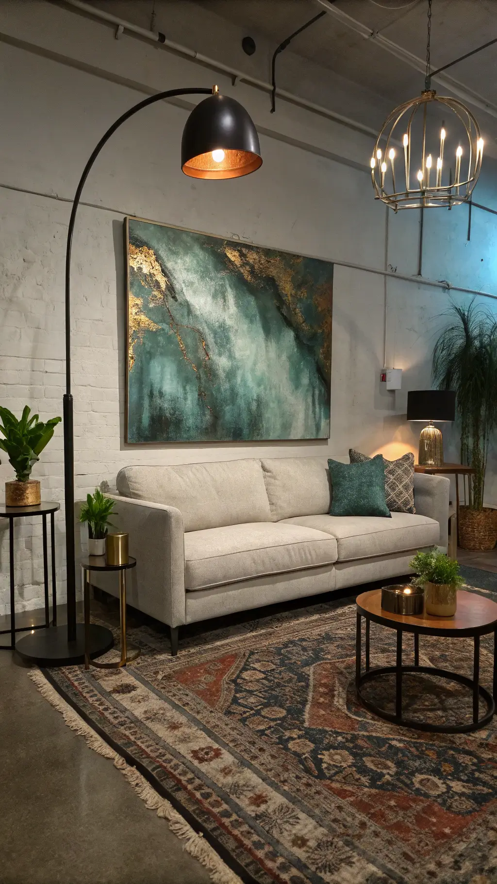 Intimate living room at dusk with a pearl gray linen sofa under a large abstract teal and copper canvas. A black metal floor lamp arches overhead, casting warm light. Grouped accent tables hold brass objects and air plants. A textured jute rug layers under a vintage overdyed Persian rug. Low-angle shot emphasizes height and moody atmosphere with dramatic lighting.