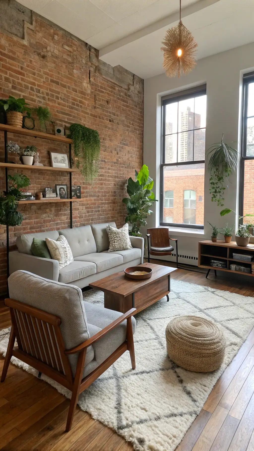 Bright corner living room with exposed brick wall, mid-century modern gray sofa, walnut coffee table, and leather accent chairs. Floating shelves with trailing plants, woven baskets under a console, and layered rugs. Sunlit space with large industrial windows.