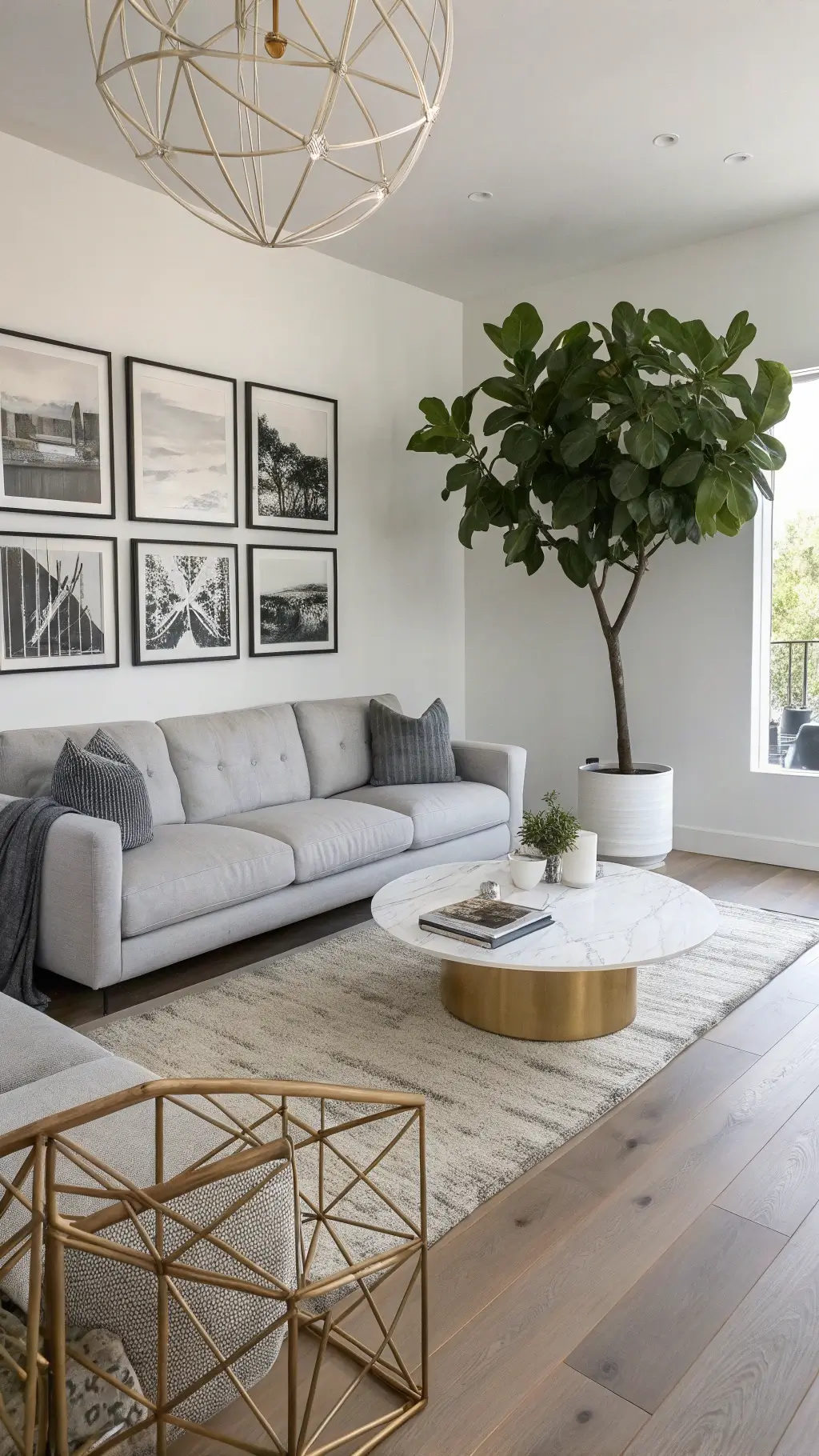 Bird's eye view of a 22x24ft open-concept space with a cloud gray sofa on bleached oak floors, a fiddle leaf fig tree, nested marble coffee tables, a black-and-white photography gallery wall, and a crystal pendant casting prism reflections.