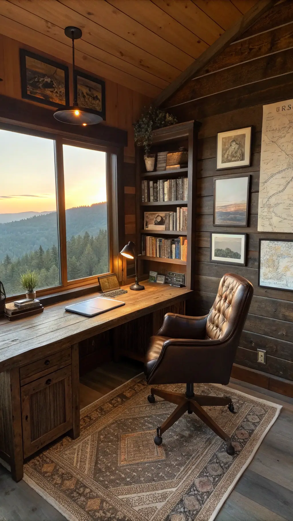 Mountain cabin office nook during golden hour with a live-edge walnut desk, leather executive chair, and built-in dark pine bookshelves. A gallery wall of vintage maps and botanical prints decorates the space, with an antiqued brass task lamp providing warm lighting. A braided jute rug anchors the cozy workspace, while a large window frames breathtaking mountain views.