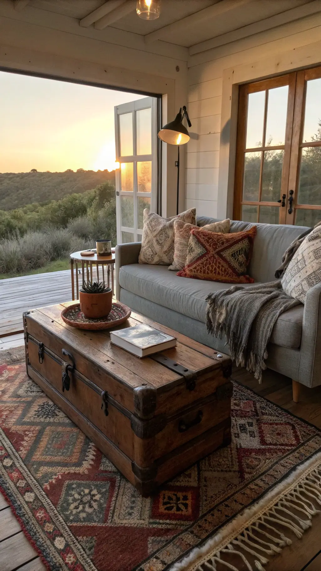 Rustic-modern 16x20ft living room at sunset with a heather gray linen sofa decorated with kilim pillows and knit throws. A reclaimed wood coffee table holds a pottery collection, while a vintage trunk acts as a side table. A copper floor lamp casts warm light. Layered vintage rugs in earth tones cover the floor. Golden light streams through French doors, enhancing the cozy ambiance. View from the entryway.
