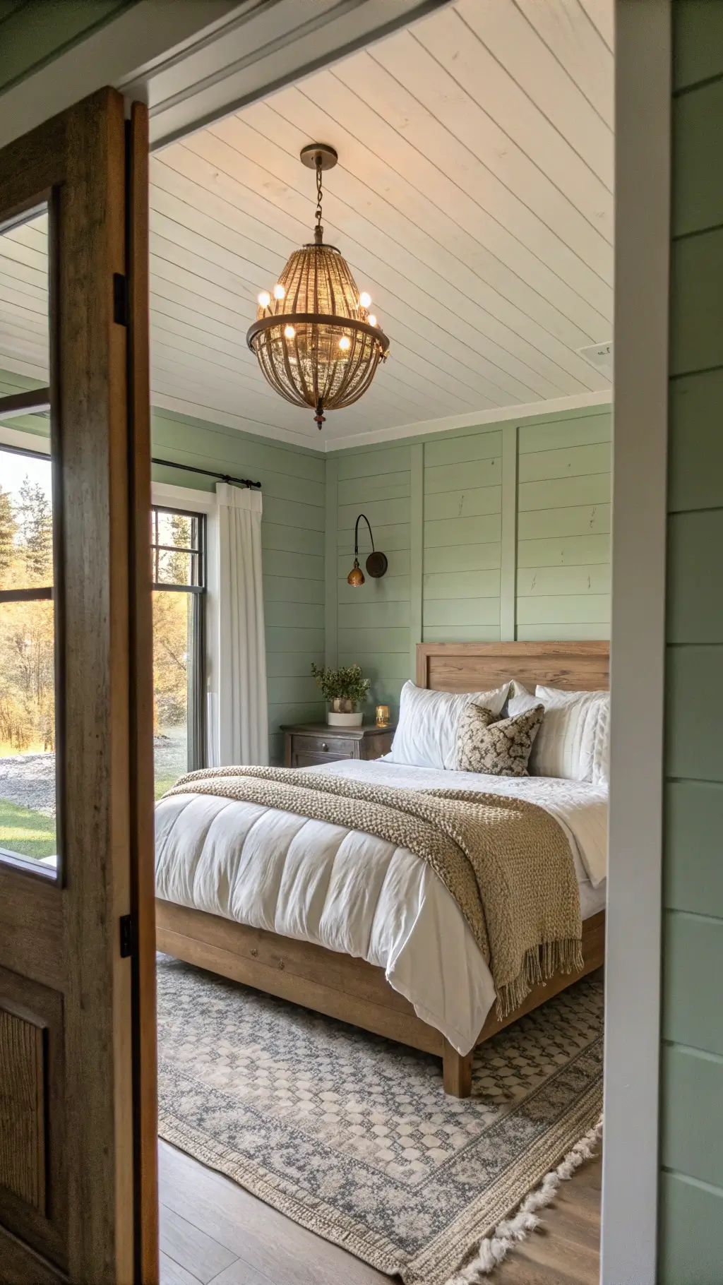 Sunlit farmhouse bedroom with sage green shiplap accent wall, weathered oak queen bed, layered white and cream bedding, and vintage brass chandelier casting warm light. Golden hour glow through west-facing windows enhances cozy textures.