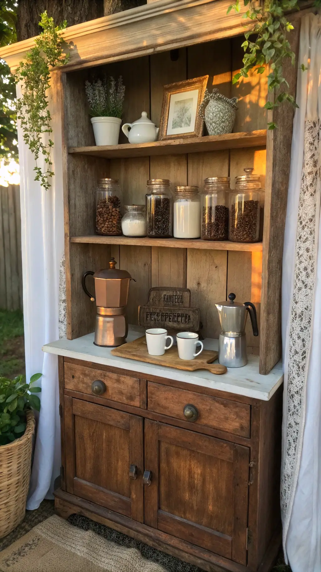 Intimate farmhouse coffee station in a 6x4ft reclaimed wooden hutch, bathed in golden hour light through lace curtains. Vintage mason jars filled with coffee beans sit on weathered wooden shelves. A white-washed tray holds a copper French press and earth-toned pottery mugs. Fresh eucalyptus sprigs soften the distressed shiplap backdrop.
