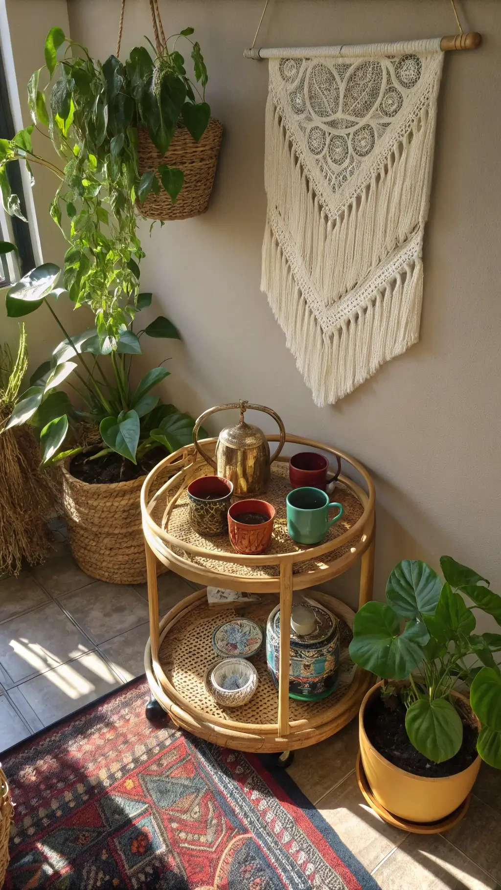 Bohemian coffee corner with a 4ft round rattan bar cart, Moroccan brass coffee pot, and mismatched jewel-toned ceramic mugs. Sunlight filters through a macramé wall hanging, casting intricate shadows. Trailing pothos plants hang above, and a handwoven textile runner adds texture in warm, honey-toned lighting.