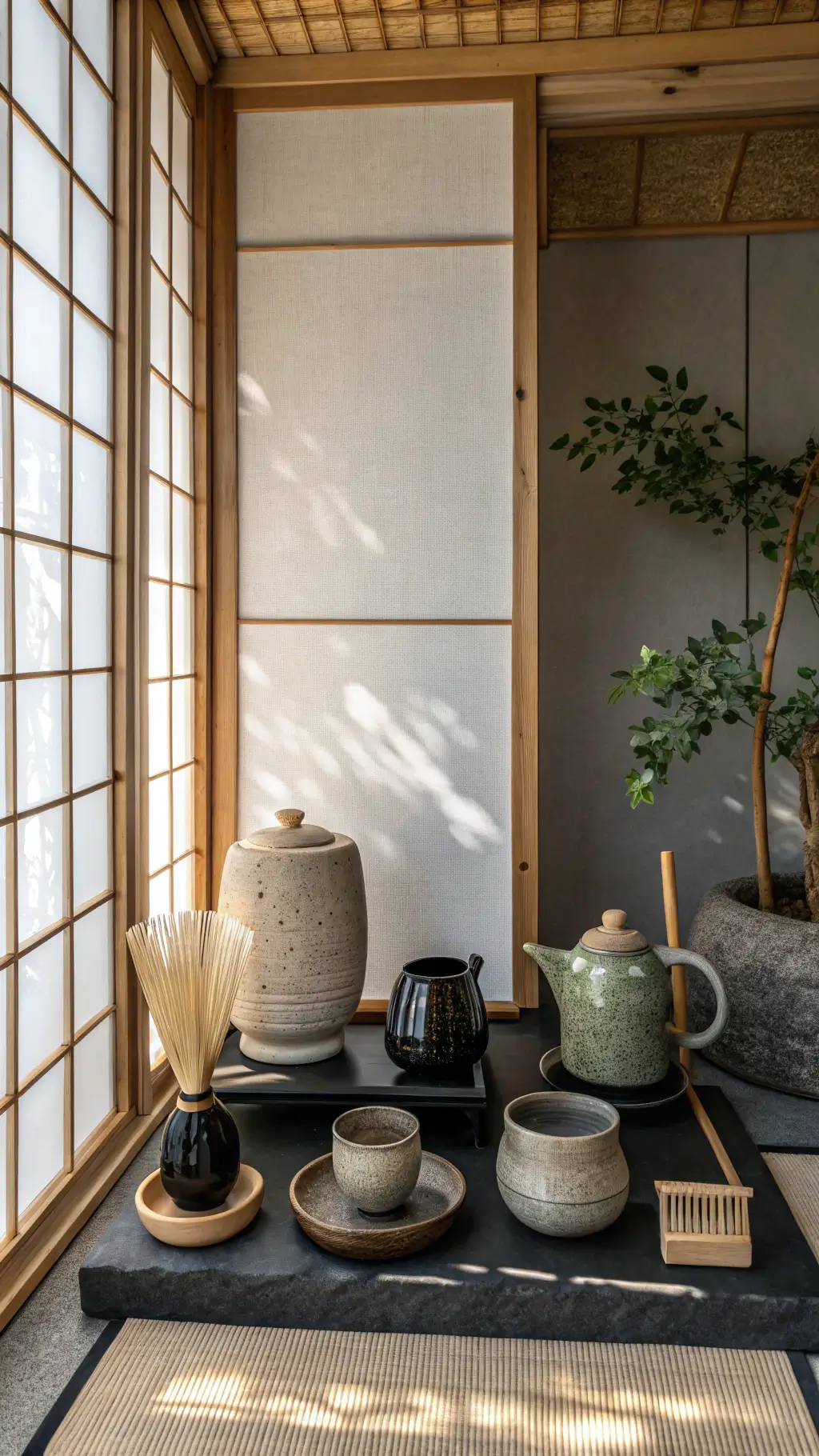 Minimalist Japanese-inspired tea and coffee station with bamboo elements, matcha tools, and modern coffee equipment. Morning light filters through a shoji screen, casting soft shadows. Textured ceramic vessels in neutral tones rest on a black stone surface, emphasizing zen-like symmetry and negative space. Muted sage and cream hues with black accents enhance the tranquil aesthetic.