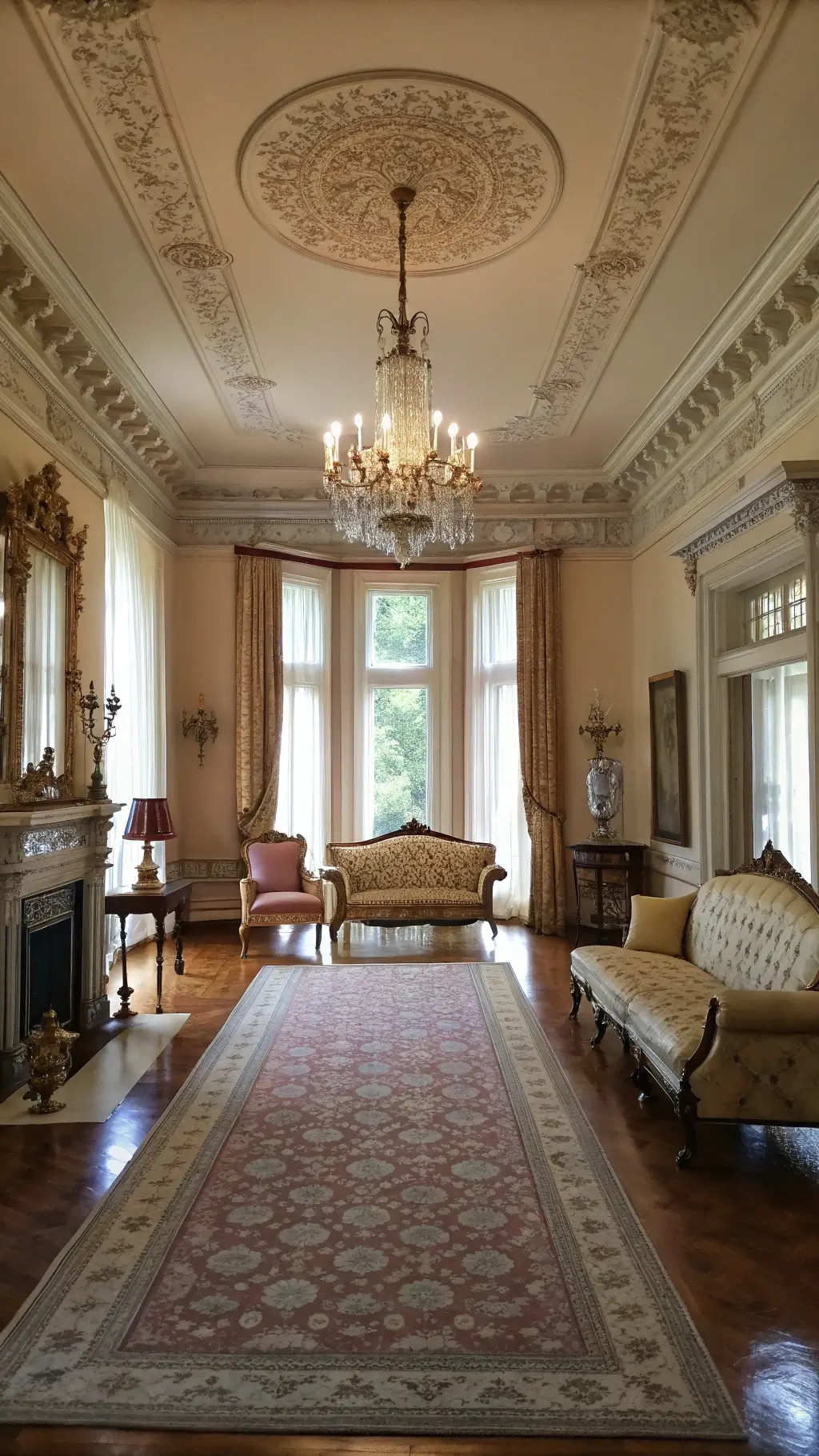 A Victorian-style sitting room with high ceilings, ornate crown molding, and warm afternoon light filtering through lace curtains. A blush velvet settee is centered between two cream brocade wingback chairs, with a Persian rug in muted rose and ivory beneath. A brass Baroque chandelier casts intricate shadows, and dark mahogany side tables hold vintage crystal decanters.