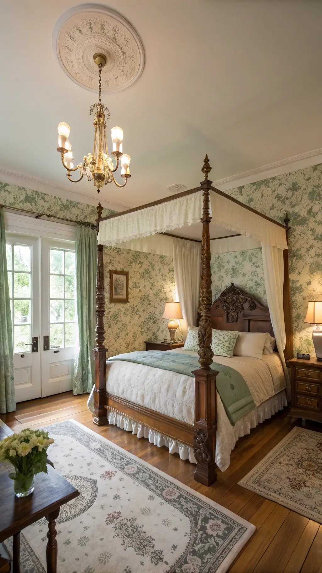 Vintage bedroom at dawn with hardwood floors, sage green floral wallpaper, and a carved four-poster bed with layered linens and a handmade quilt. Sheer-paneled French doors filter soft morning light, highlighting brass sconces and milk glass lamps. Warm, nostalgic ambiance with intricate textile details.