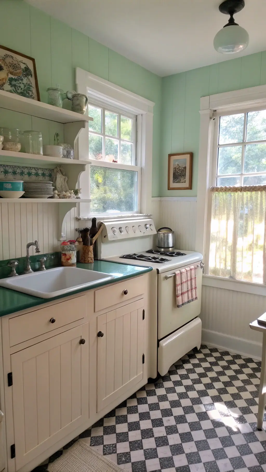 Vintage kitchen with white beadboard wainscoting and mint green walls. Cream enamel 1950s Chambers stove, farmhouse sink under multi-pane window, and open shelves with jadeite dishware. Black-and-white checkerboard floor, morning light through cafe curtains. Cozy, sunlit retro design.