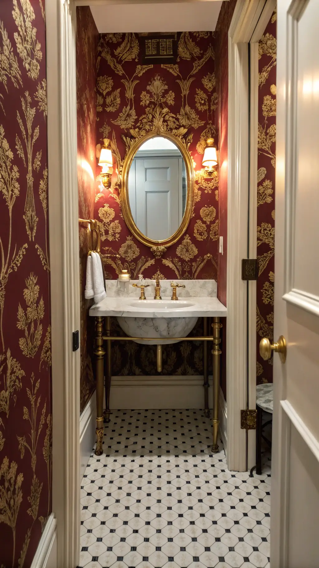 Victorian-style powder room with burgundy and gold wallpaper, antique brass fixtures, and marble-topped washstand. Oval mirror with ornate frame reflects soft light from vintage wall sconces. Black and white hexagonal floor tiles. Cozy, elegant ambiance.