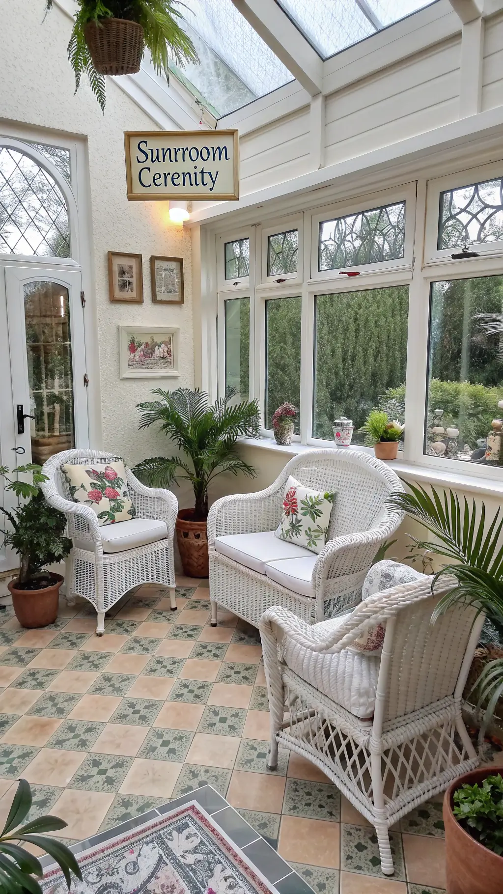 Sunlit conservatory with white wicker furniture, botanical prints in gilt frames, and potted palms. Geometric cream and sage tile floor, original casement windows, and abundant natural light enhance the airy garden-like atmosphere.