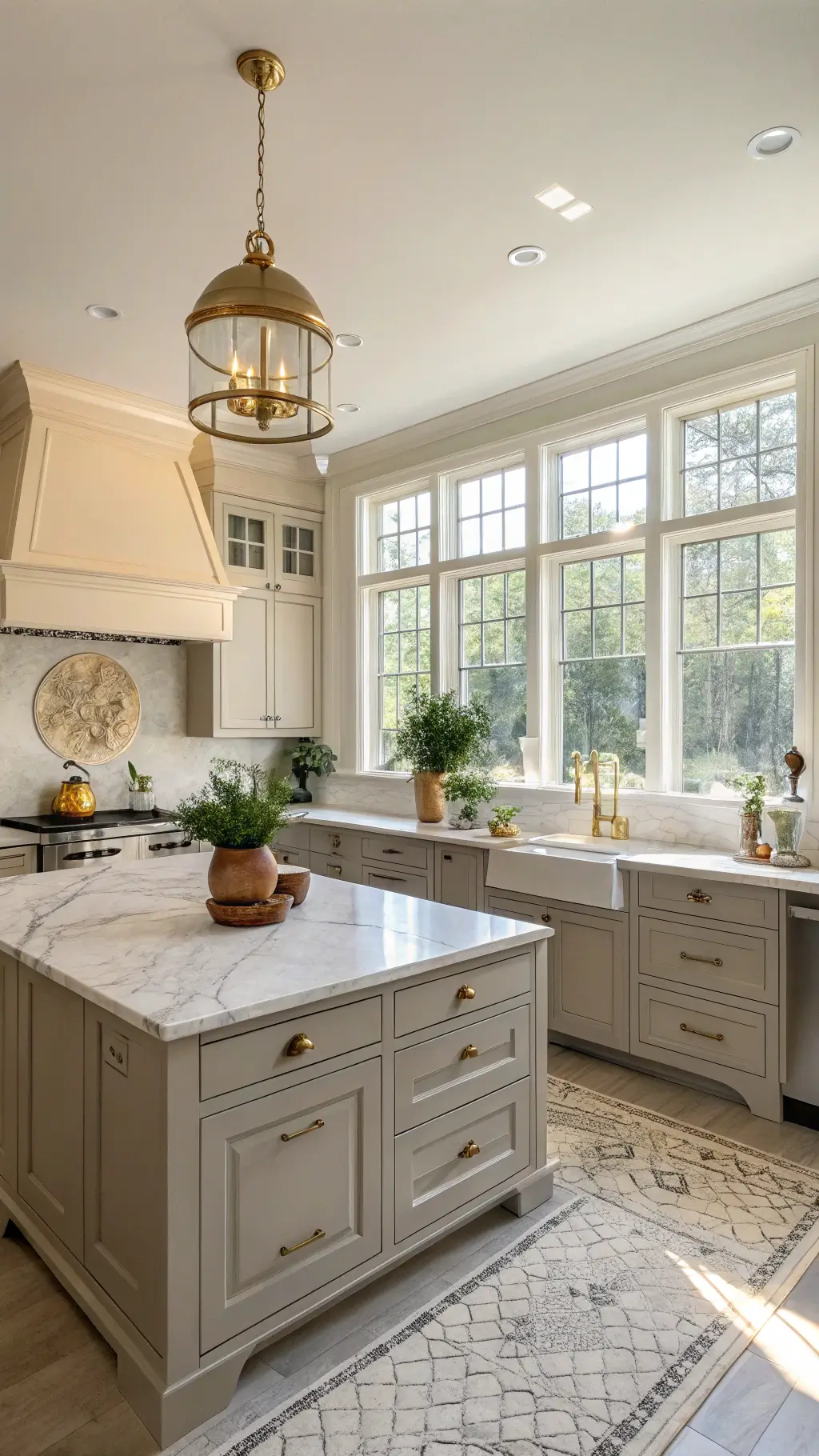Greige shaker-style kitchen with tall cabinets, Carrara marble countertops, and brass accents bathed in golden hour light.