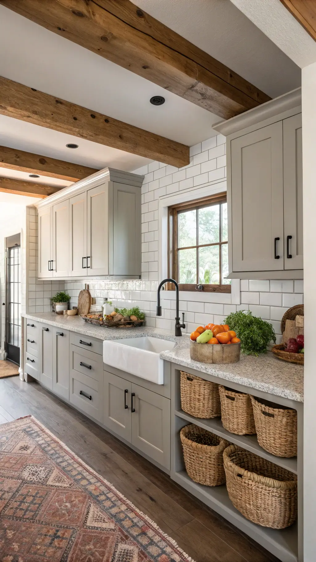 Modern farmhouse kitchen with greige cabinets, butcher block countertops, black hardware, exposed wooden ceiling beams, full-height white subway tile backsplash, and styled with rustic decor and fresh vegetables on the island.