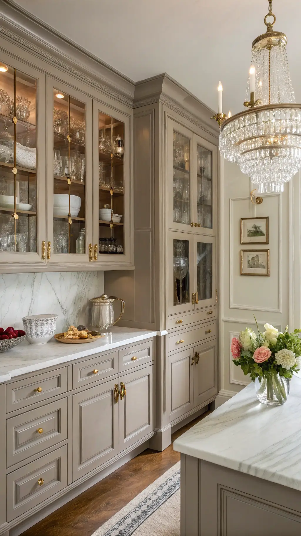 Traditional kitchen with greige raised-panel cabinets, glass-front uppers displaying ceramics, crystal chandelier, white marble counters, brass hardware, and styled with copper cookware, flowers, and vintage silver.