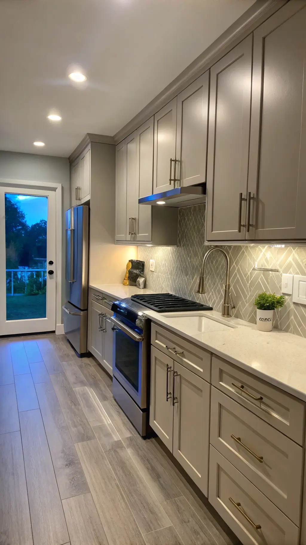 Greige slab-front galley kitchen with stainless steel appliances, under-cabinet lighting, and brushed nickel pulls, photographed during blue hour.