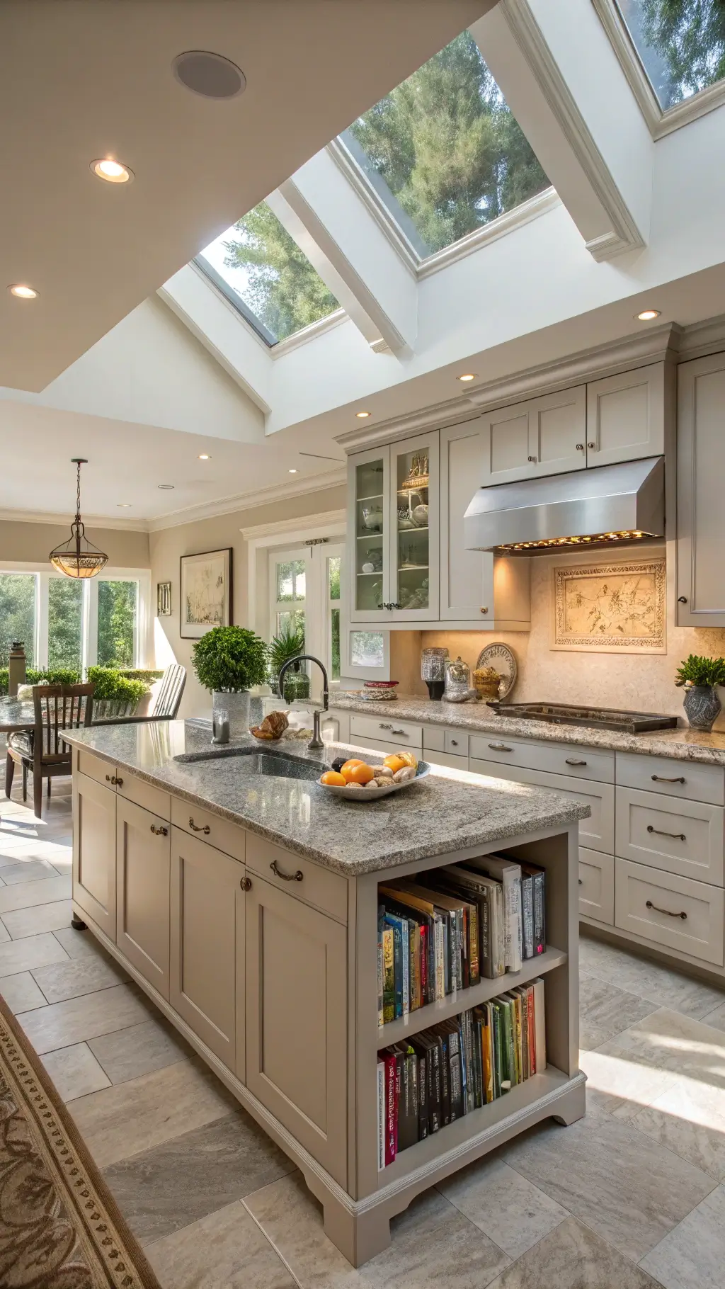 Transitional open-concept kitchen with greige beaded cabinets, honed gray granite countertops, oversized island with cookbook storage, and afternoon sunlight from skylights.