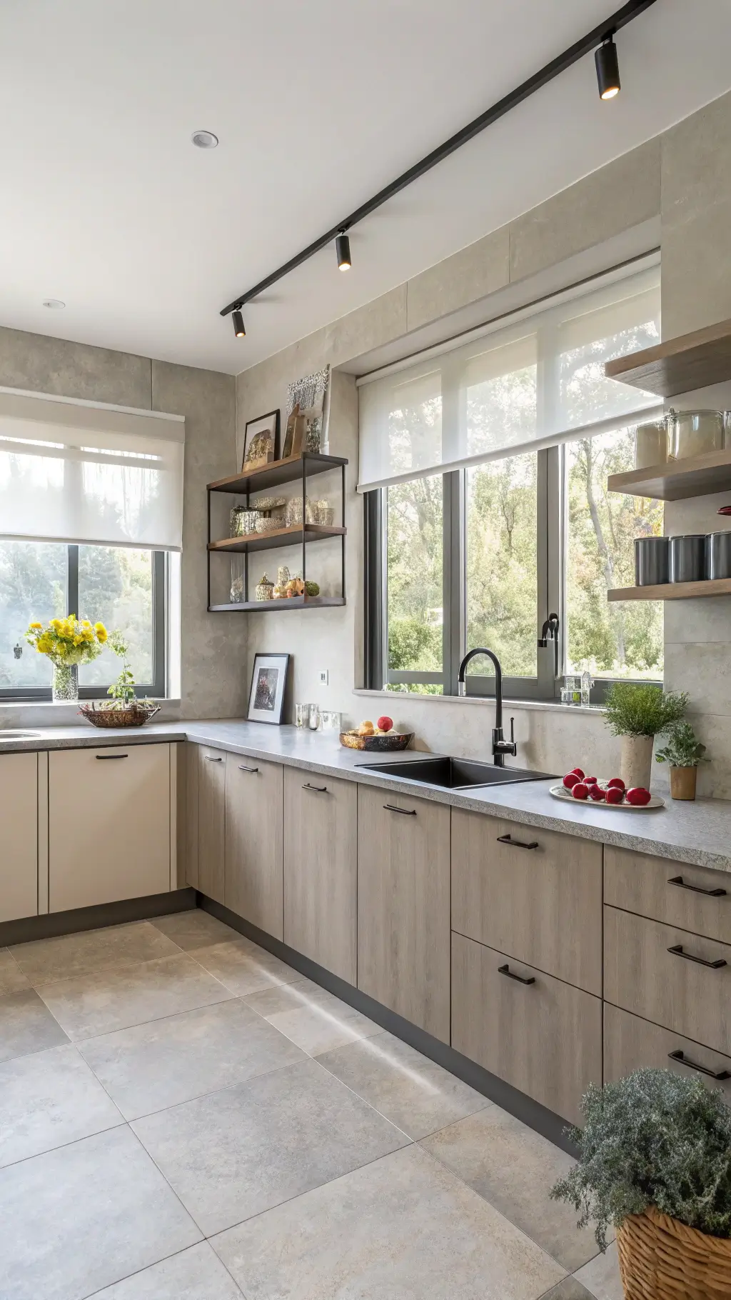 Contemporary kitchen with greige upper cabinets, dark base units, concrete countertops, and floating shelves, lit by diffused noon light through frosted windows.