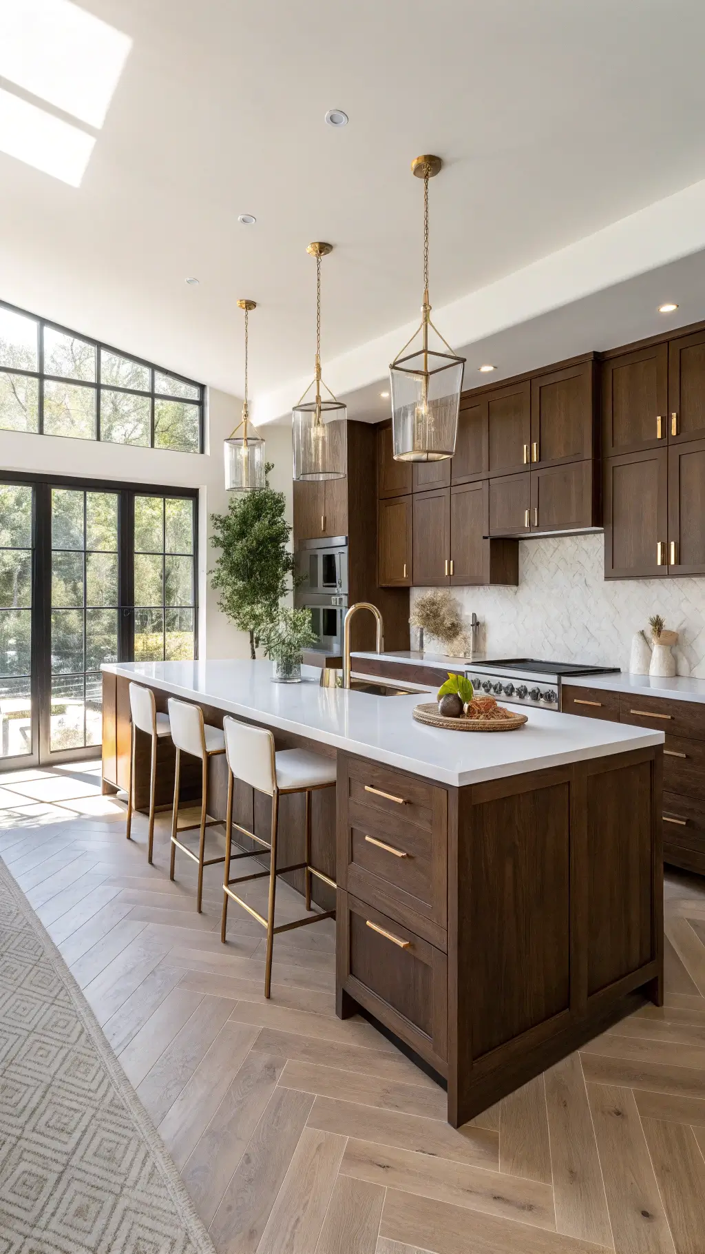 Modern 12x15ft kitchen with espresso maple cabinets, white quartz countertops, a waterfall island, herringbone oak floors, and golden hour lighting through west-facing windows.