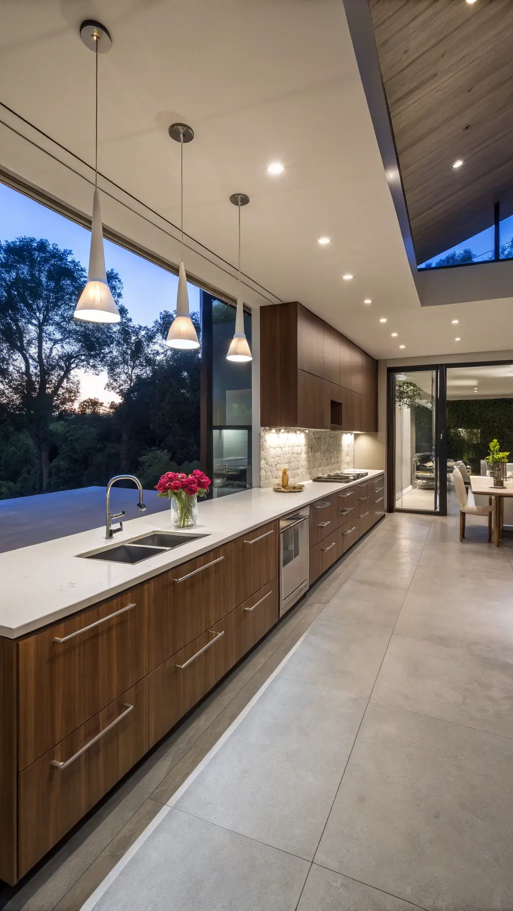Modern L-shaped kitchen with mahogany cabinets, concrete floors, white Corian countertops, stainless steel appliances, and a large island under sculptural pendant lighting at twilight.