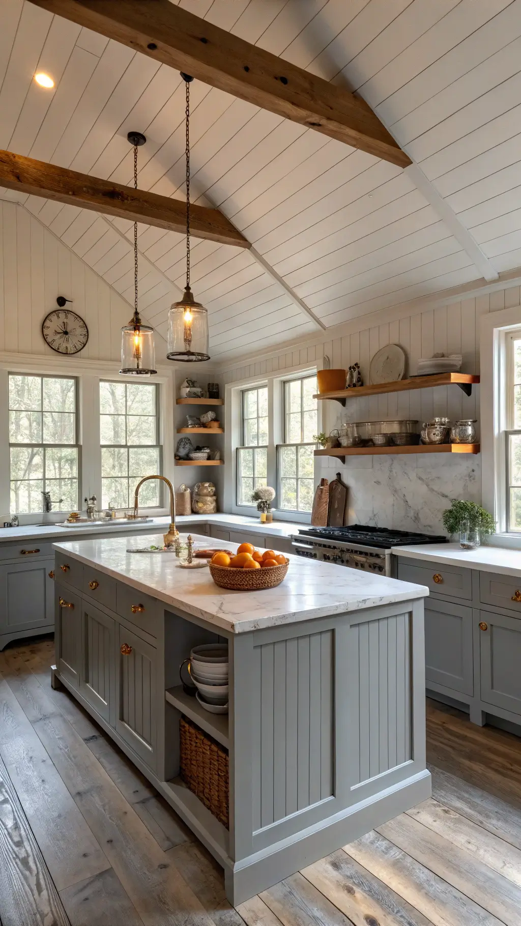 Cozy farmhouse kitchen with soft grey beadboard cabinets, white marble counters, and a butcher block island topped with vintage enamelware. Warm golden hour light filters through mullioned windows, highlighting rustic elements like open shelving with an ironstone collection, copper accents, and a beamed ceiling.