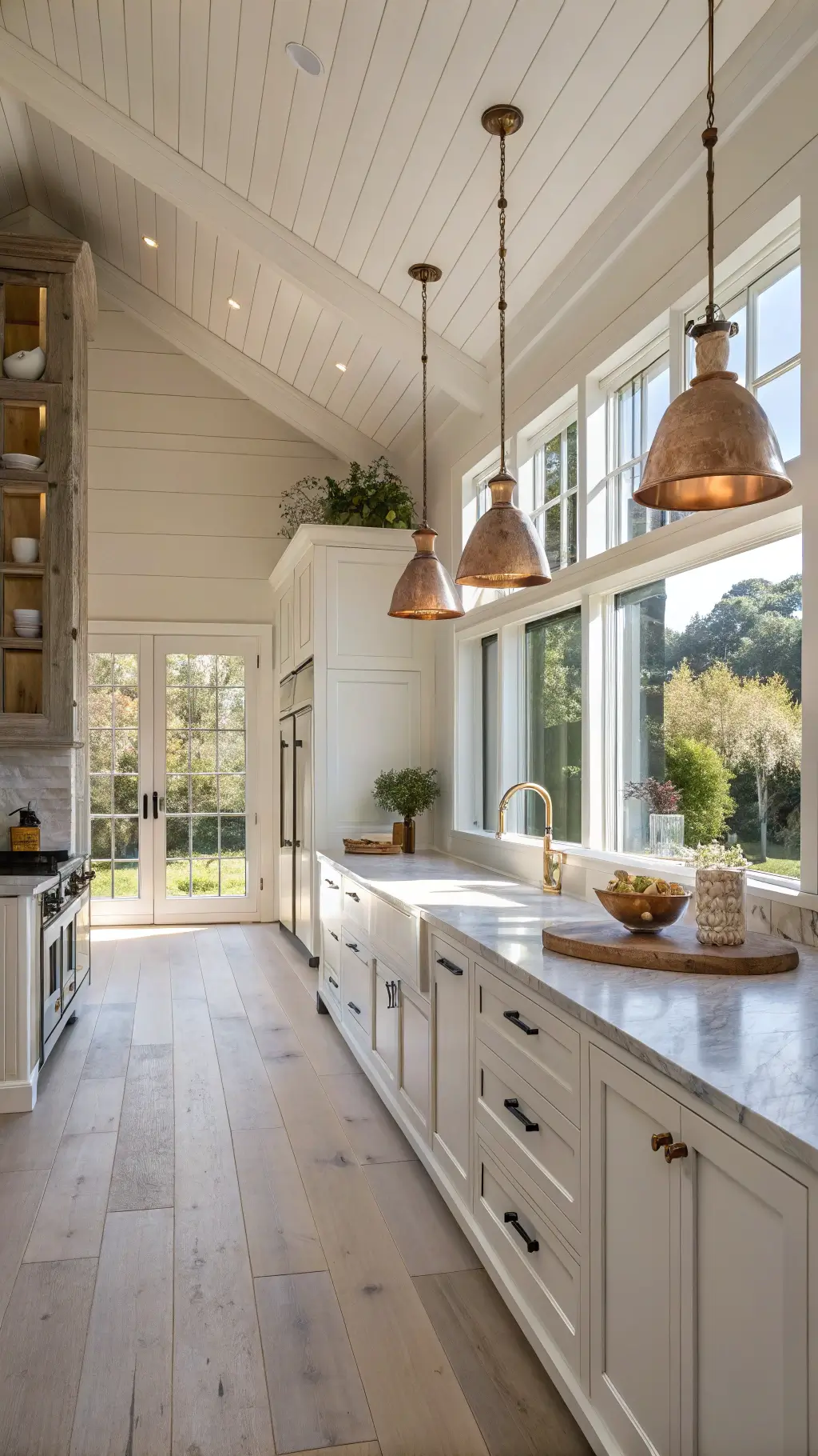 Modern farmhouse kitchen with off-white cabinets, marble countertops, and brass pendant lights illuminated by golden hour sunlight through west-facing windows.