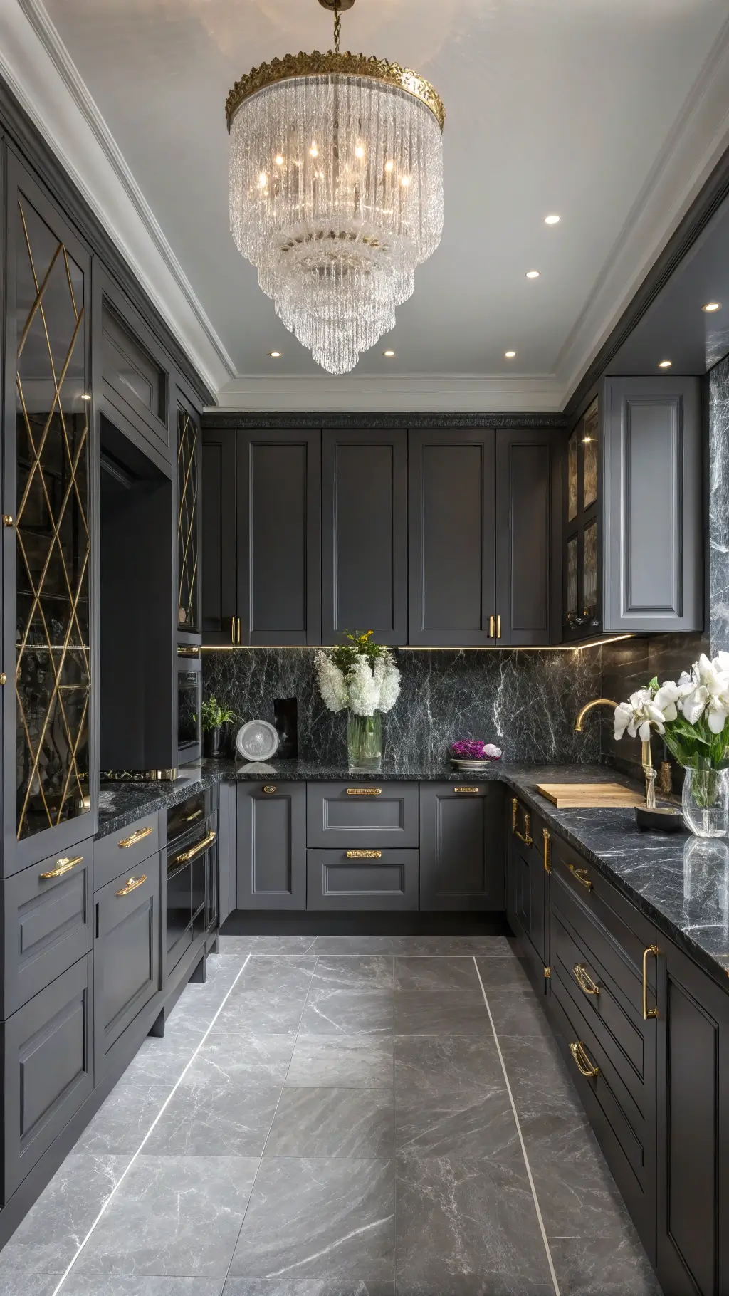Luxury dark grey kitchen with glossy charcoal cabinets, black marble counters with bold veining, and gold hardware. Crystal chandelier casts evening light, highlighting deep emerald and sapphire accents. Symmetrical design with orchids and metallic accessories.