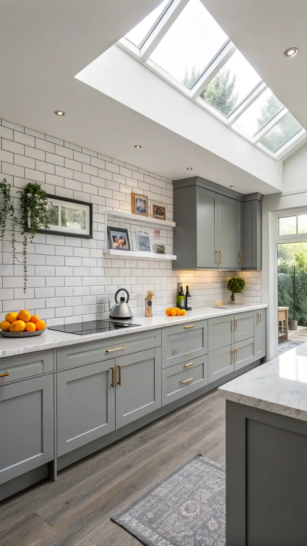 Contemporary grey and white kitchen with two-tone grey cabinets, white countertops, and subway tile backsplash. Mid-morning light streams through skylights, highlighting a clean, bright space. Pops of color from modern art and fresh citrus displays add warmth.