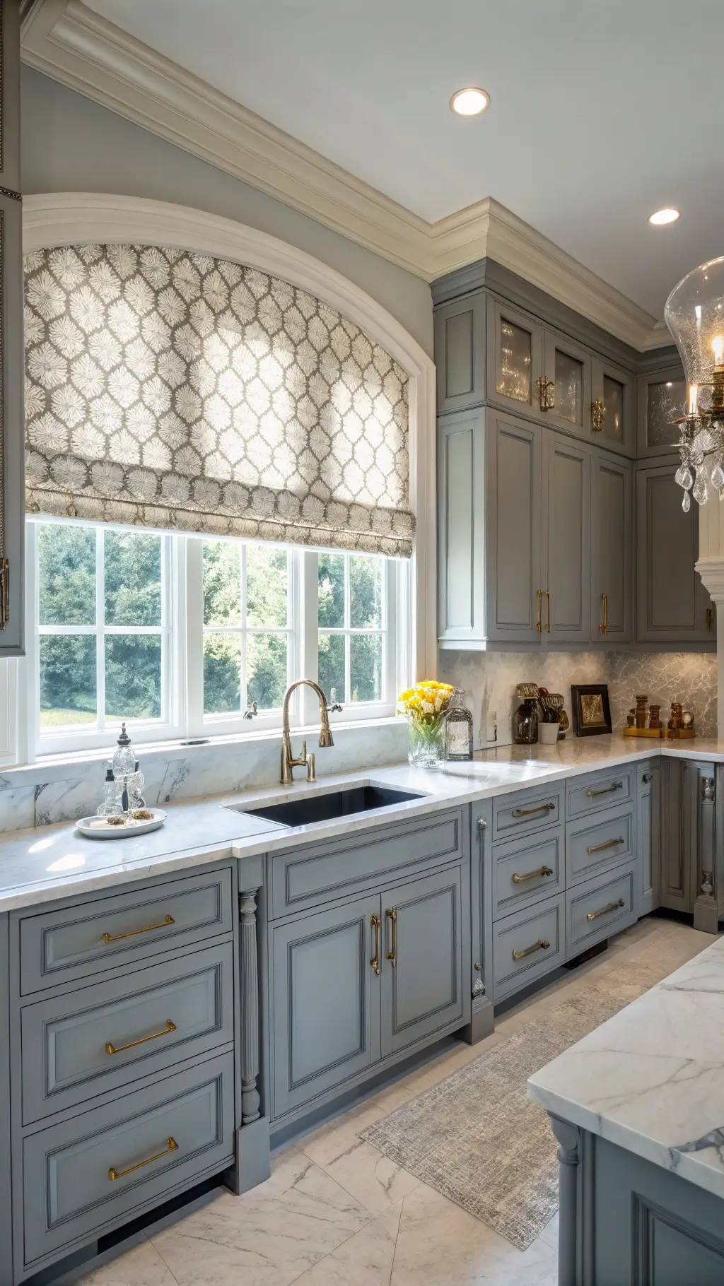 Elegant transitional grey kitchen with medium grey raised-panel cabinets, Calacatta marble counters, and antique brass fixtures. Diffused afternoon light filters through Roman shades, highlighting mixed metals and crystal accents. Blue-grey and cream color palette with soft, sophisticated lighting.