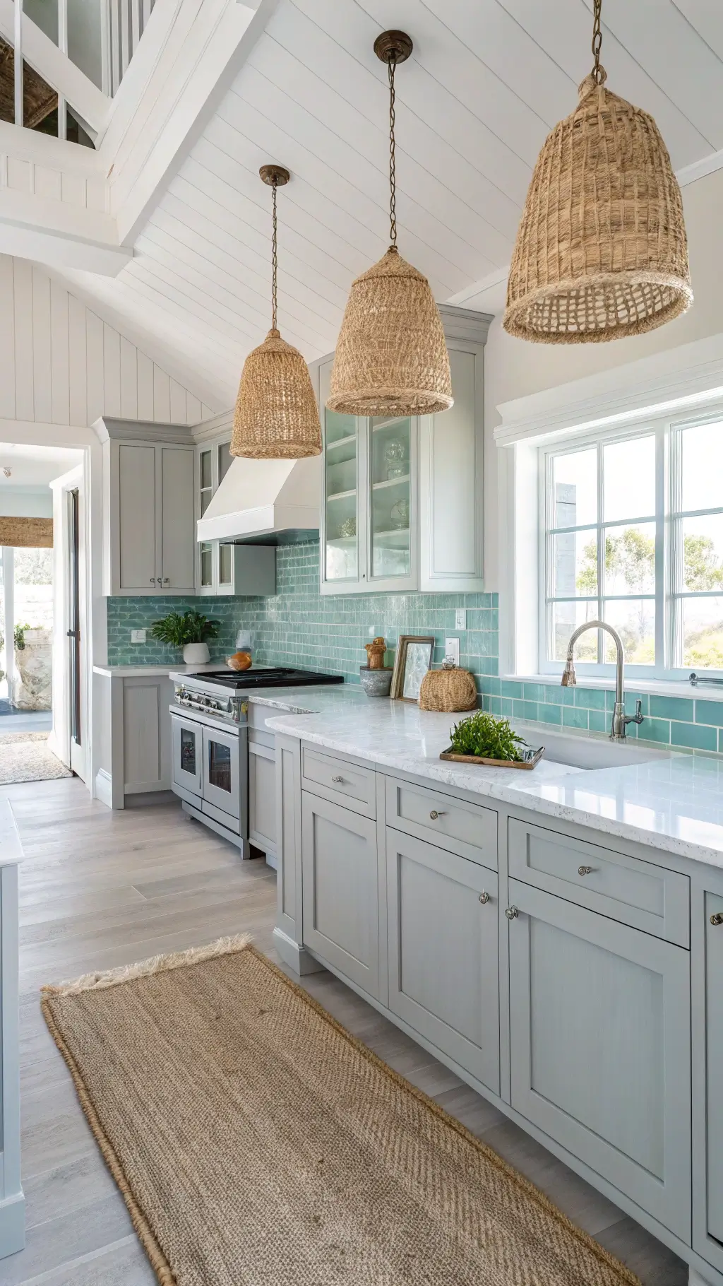 Airy coastal grey kitchen with pale grey cabinets, white trim, and a pale blue glass tile backsplash. Natural seagrass pendant lights filter sunlight, highlighting woven elements and sea glass accents in aqua and sand tones. Bright, fresh atmosphere with natural textures in a spacious 15x18ft layout.
