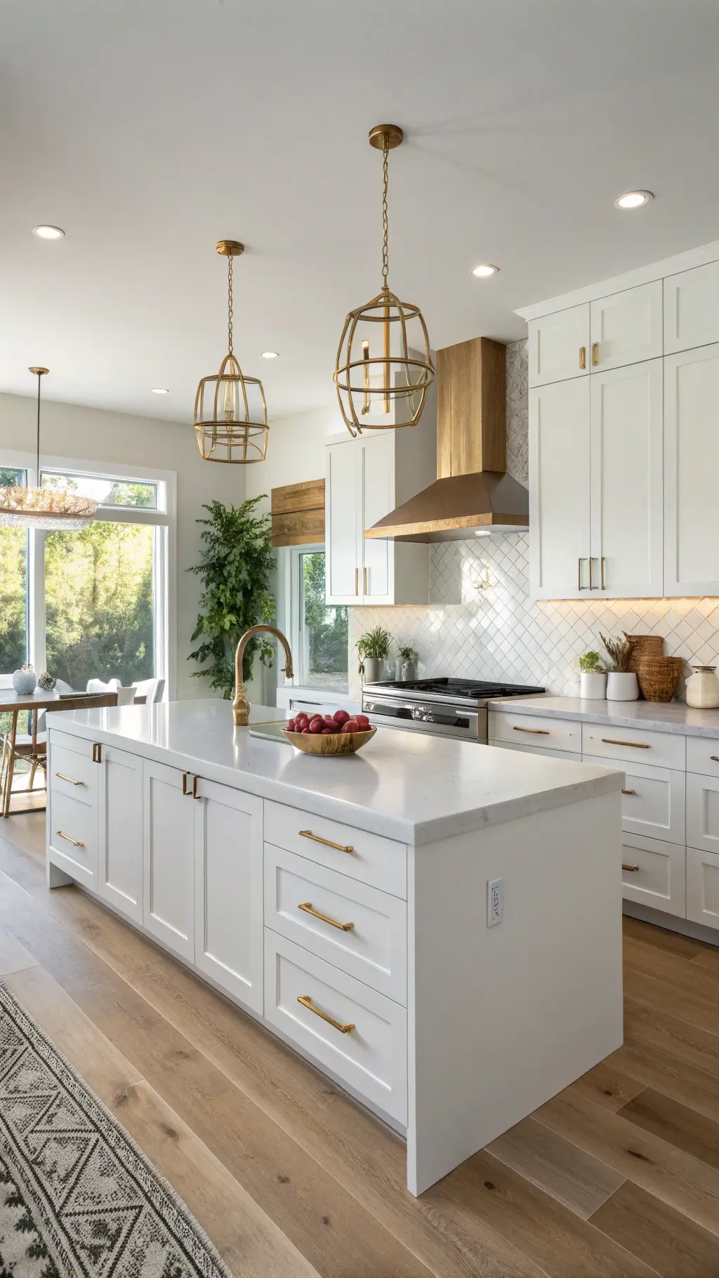 A sunlit modern kitchen with White Dove cabinets, a quartz waterfall island, brass pendant lights, and oak floating shelves displaying ceramics. Warm light reflects off a textured white subway tile backsplash, highlighting wide plank white oak floors and floor-to-ceiling windows.