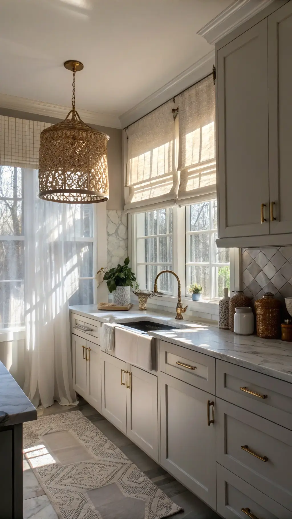 Cozy galley kitchen with Agreeable Gray cabinets, marble countertops, and mixed metal hardware. Soft morning light filters through sheer curtains, casting gentle shadows. A woven pendant light creates textured patterns, complementing the linen roman shade and ceramic canisters.