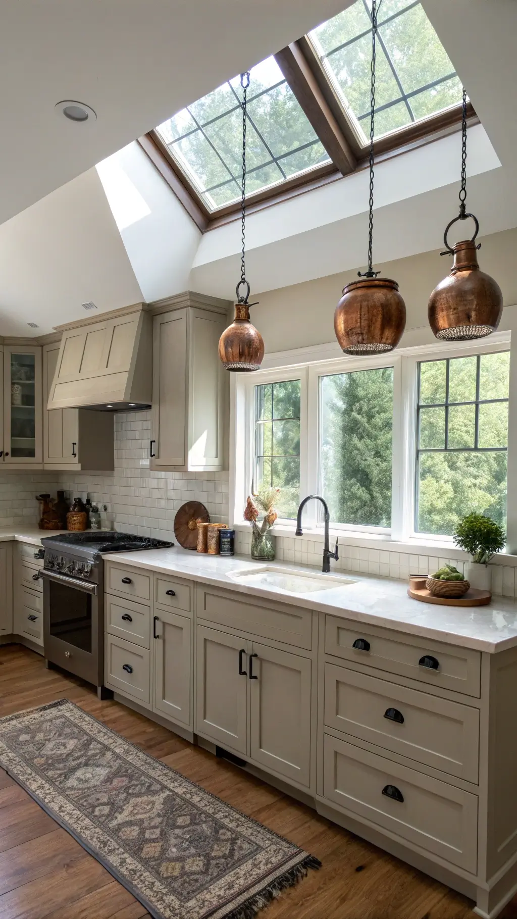 L-shaped kitchen with Revere Pewter cabinets, dark bronze hardware, and a white oak butcher block island, lit by late afternoon sunlight from skylights. A vintage runner with muted tones guides through the space, while copper pots hang from a ceiling rack. Shot from an elevated angle to highlight cabinet layout and flow.