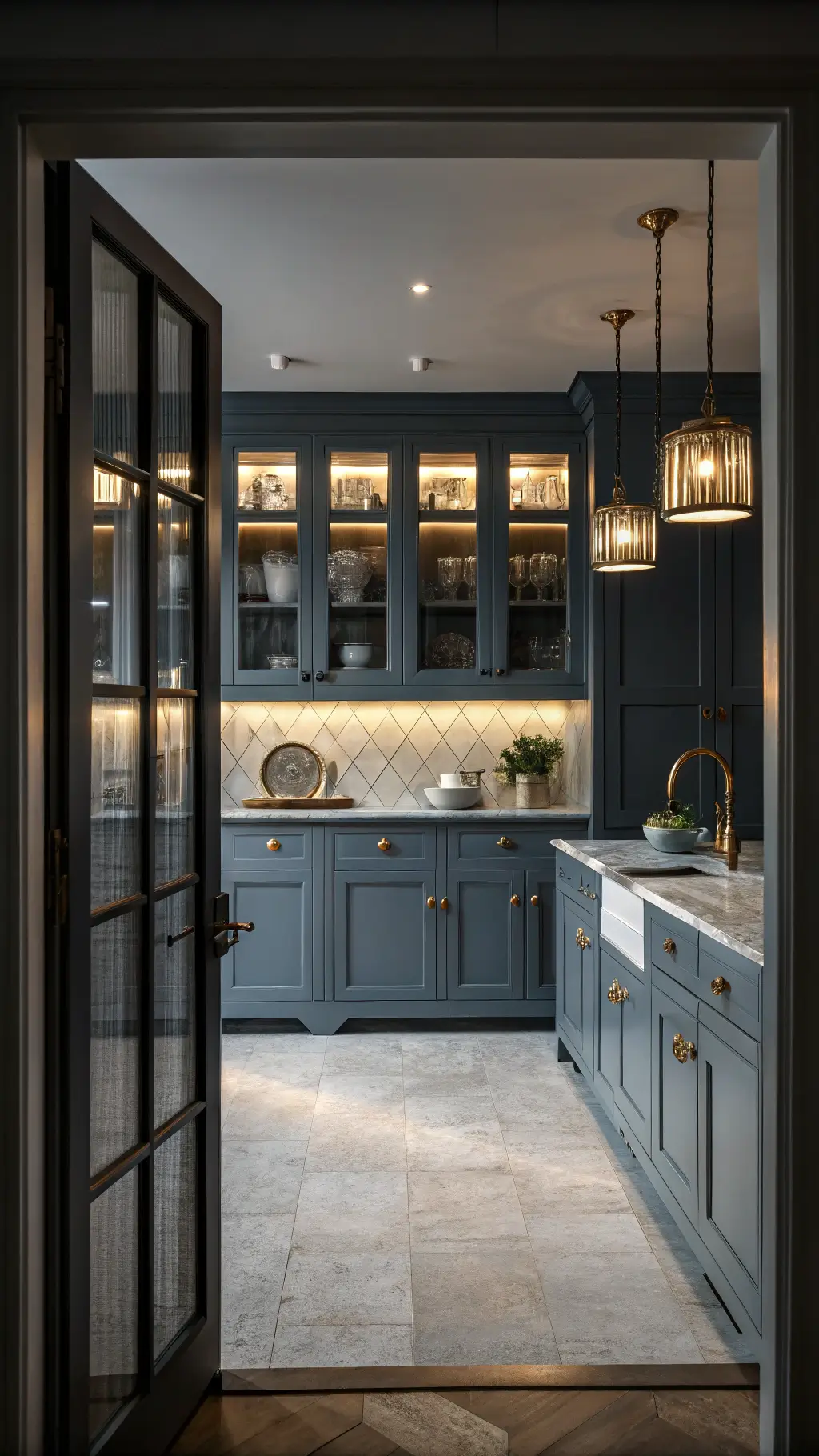 Moody evening kitchen with Skylight blue-gray cabinets, soapstone counters, and unlacquered brass hardware. Warm under-cabinet lighting and dramatic pendants create a glowing ambiance. Glass-front upper cabinets display white dishware. Scene framed through doorway for full room context.