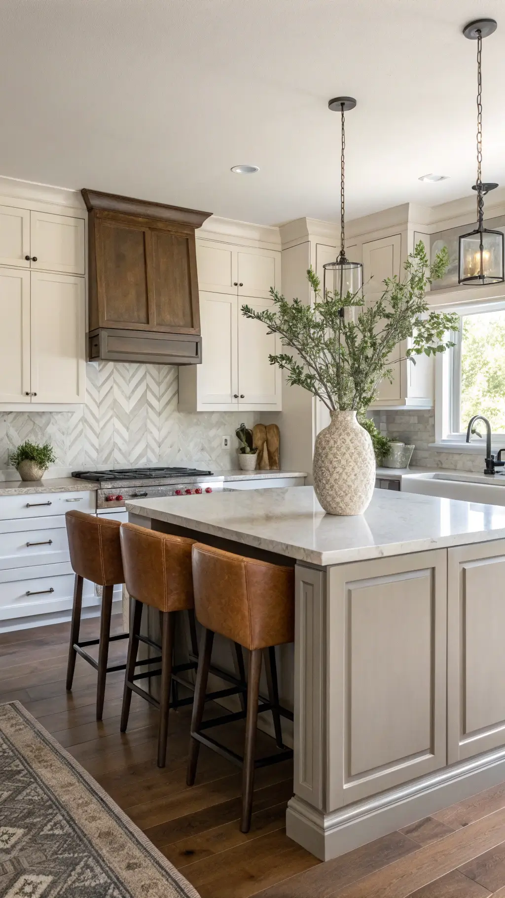 Bright kitchen with White Dove upper cabinets and Agreeable Gray lower cabinets. Waterfall quartzite island, herringbone marble backsplash, and leather counter stools add texture. A large ceramic vase with eucalyptus serves as a natural centerpiece.