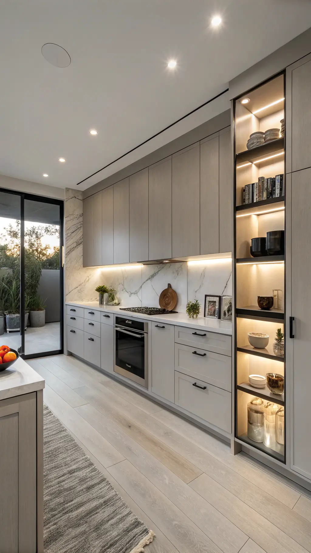 Minimalist kitchen with floor-to-ceiling Revere Pewter cabinets, matte black hardware, and integrated appliances. Hidden LED lighting casts a soft glow at dusk. White oak open shelving displays monochromatic pottery. Shot from the corner to highlight height and clean lines.