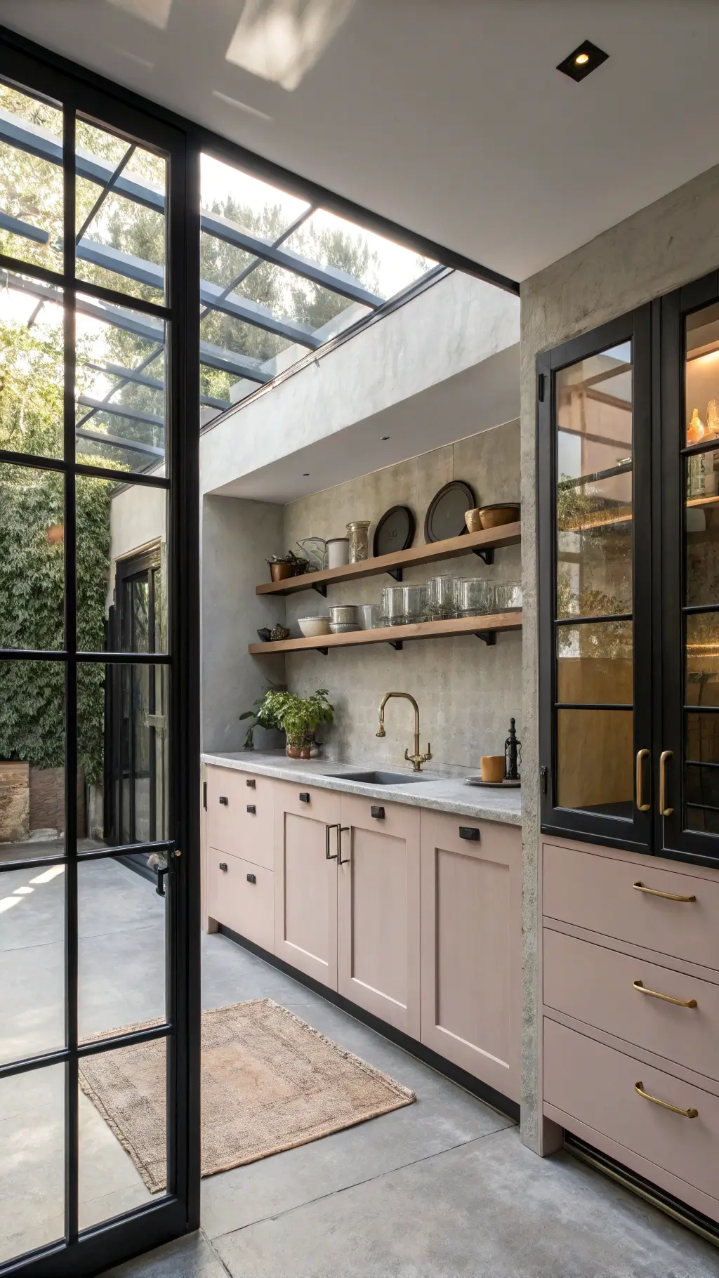 Industrial-inspired kitchen with Skylight-colored cabinets, black steel-framed windows, concrete countertops, and brass hardware. Open shelving displays cast iron collection. Dramatic afternoon side lighting enhances textures.
