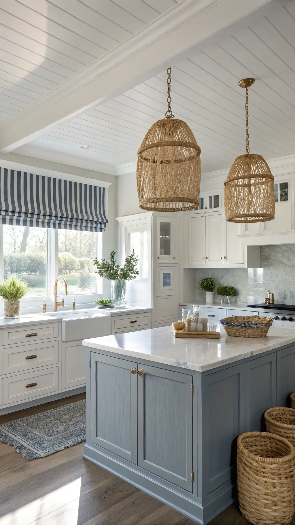 Coastal kitchen with warm white cabinets, rattan pendant lights, a blue-gray island with a white marble top, and woven accents. A navy and white striped roman shade frames the window, casting soft morning shadows.