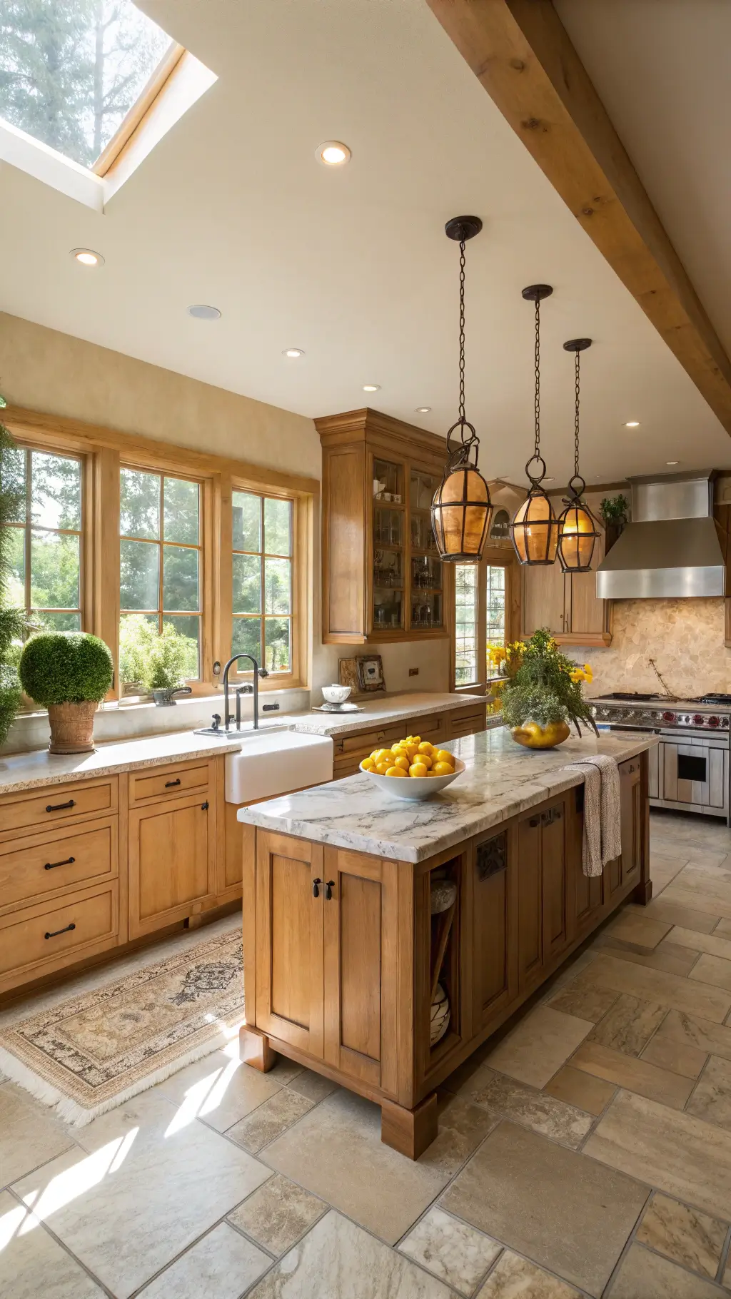 Warm morning light fills a spacious kitchen with maple Shaker cabinets, brass hardware, and a marble-topped island. A vintage copper kettle and a white ceramic bowl of lemons sit on the island, while trailing pothos plants cascade from open shelves. Linen tea towels hang casually over the oven handle, and golden hour tones enhance the honey-toned wood and cream marble surfaces.