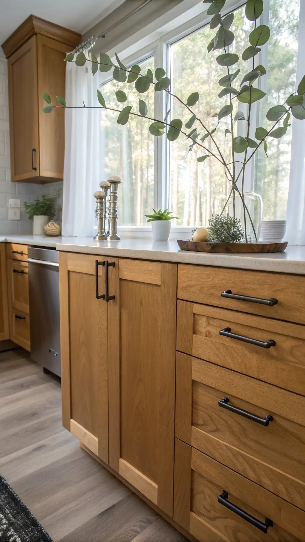 Close-up of a maple kitchen cabinet corner in afternoon sunlight, highlighting rich wood grain. Stainless steel pulls contrast with warm tones. White quartz countertops reflect soft light. A clear glass vase with eucalyptus branches adds organic shapes, complemented by matte black accessories.