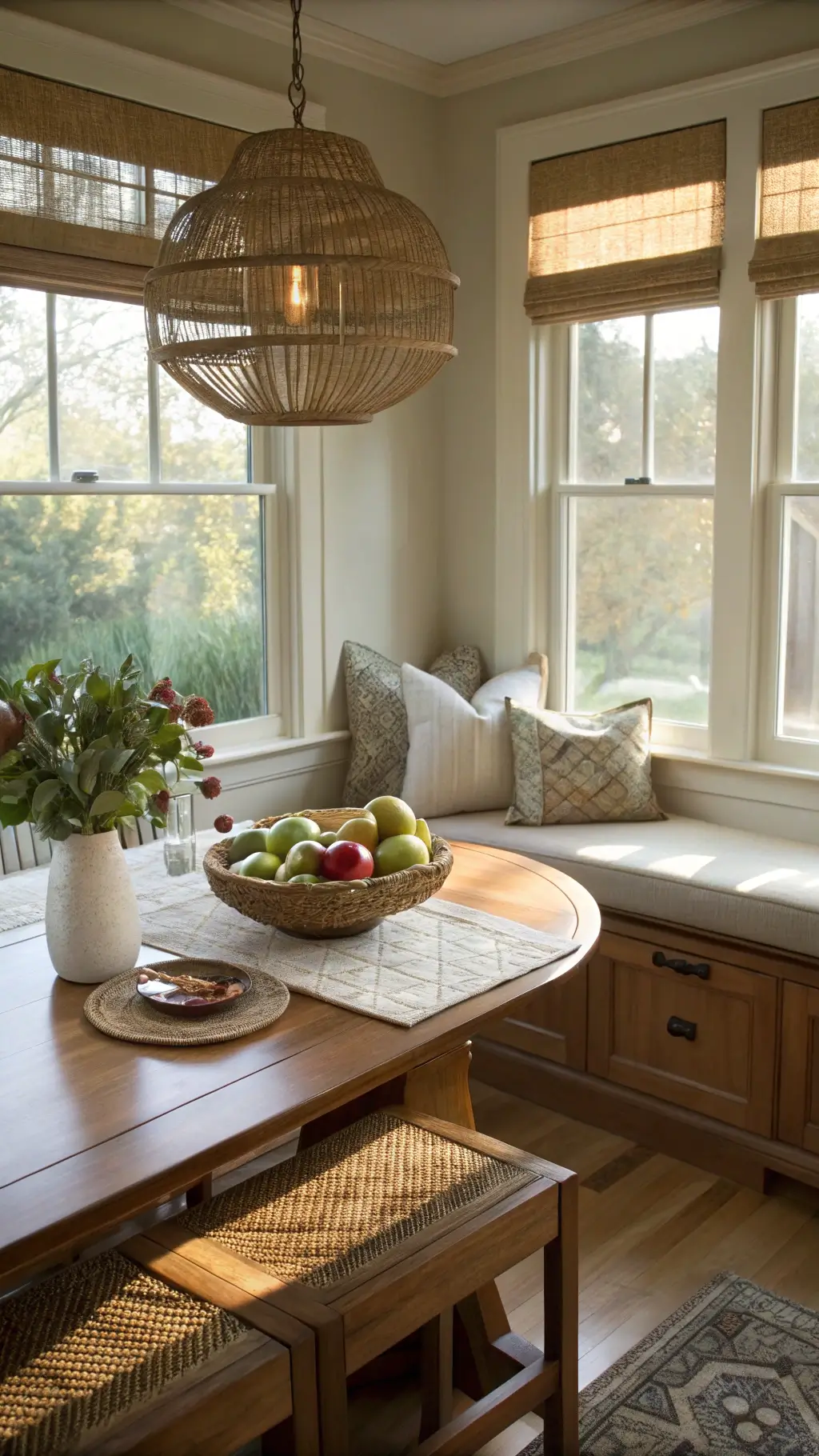 Cozy breakfast nook with L-shaped maple cabinetry and a cushioned window seat. A woven pendant light casts shadows, while a weathered copper fruit bowl with figs and pears sits on a handwoven table runner. A desert sage plant in an earthenware pot adds greenery. Natural fiber roman shade filters soft morning light. Warm maple, cream, and dusty sage tones create an inviting atmosphere.